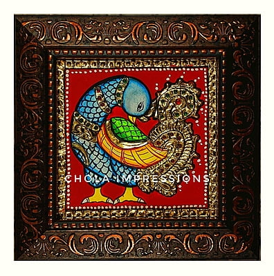 Peacock Miniature Tanjore Painting - 7x7 inches
