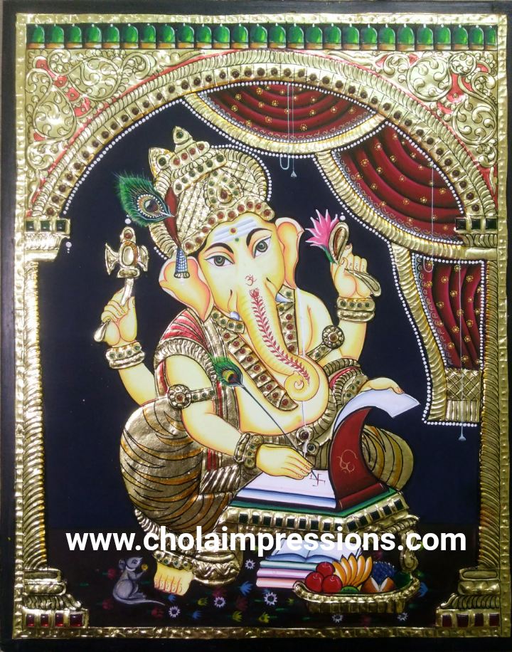 Ganesh writing Mahabharata Tanjore Painting Ganesh writing Mahabharata Tanjore Painting