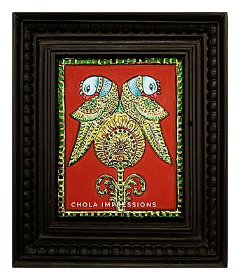 Golden Parrot Pair Tanjore Painting