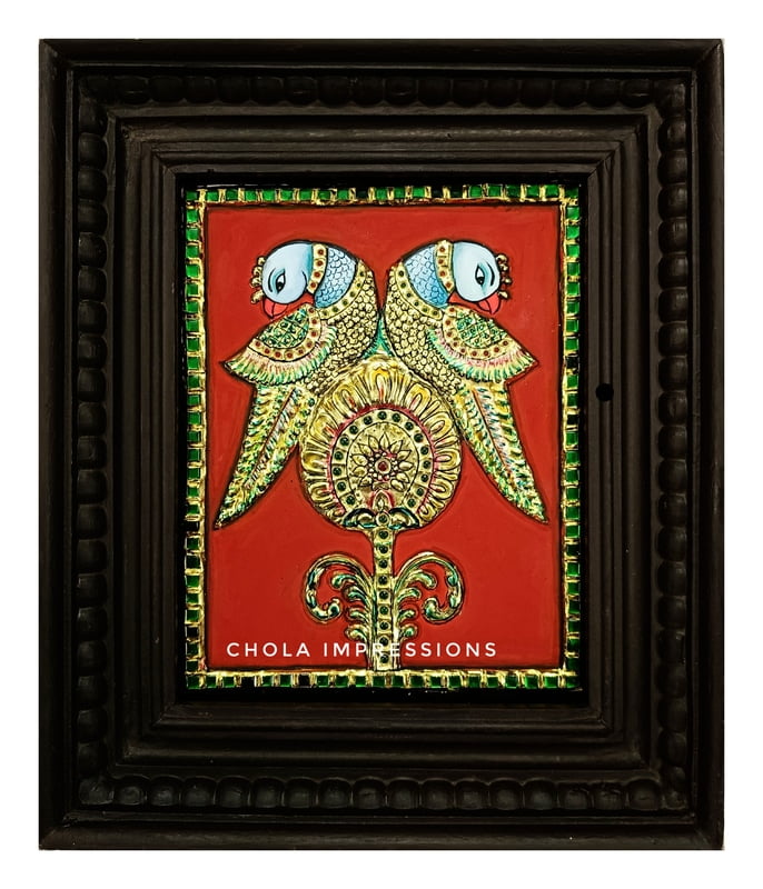 Golden Parrot Pair Tanjore Painting