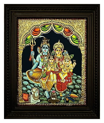 Shiva Family at Kailasa Tanjore Painting