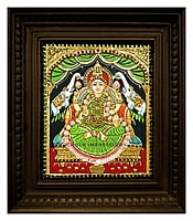 Gaja Lakshmi in green saree Tanjore Painting - Various Sizes