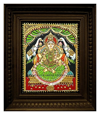 Gaja Lakshmi in green saree Tanjore Painting - Various Sizes