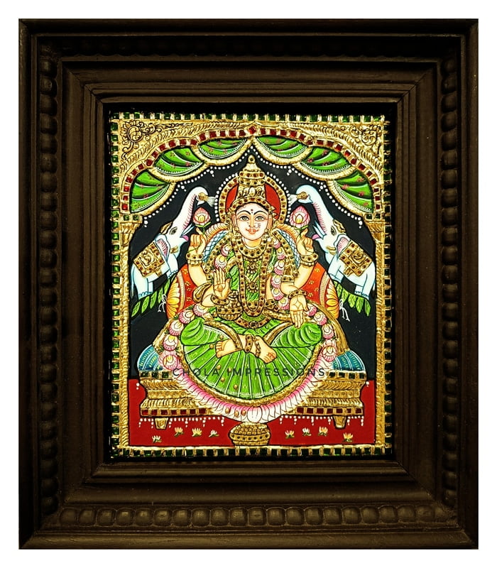 Gaja Lakshmi in green saree Tanjore Painting - Various Sizes