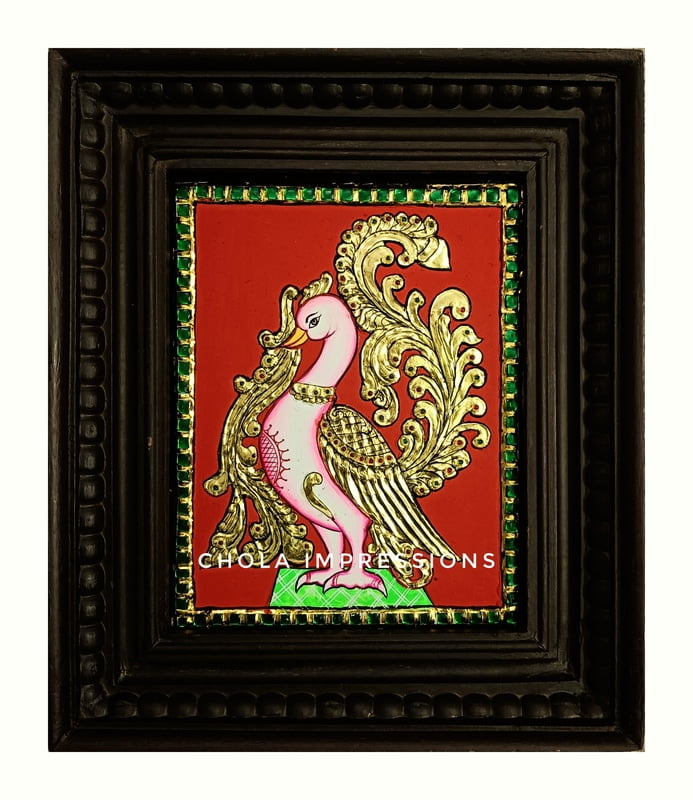 Golden Swan with Decorative Feathers Tanjore Painting